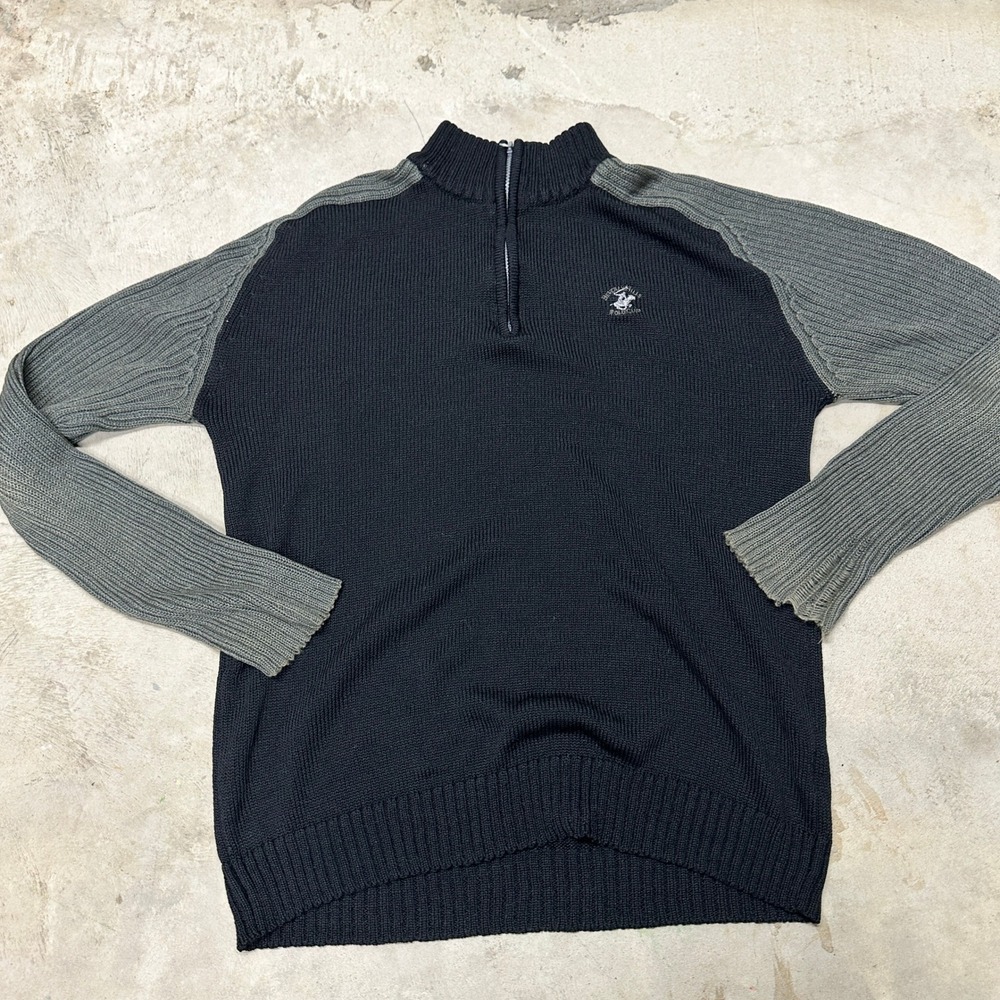 Beverly Hills Polo Club Mens Quarter Zip Sweater Pullover XL Black Gray Prep